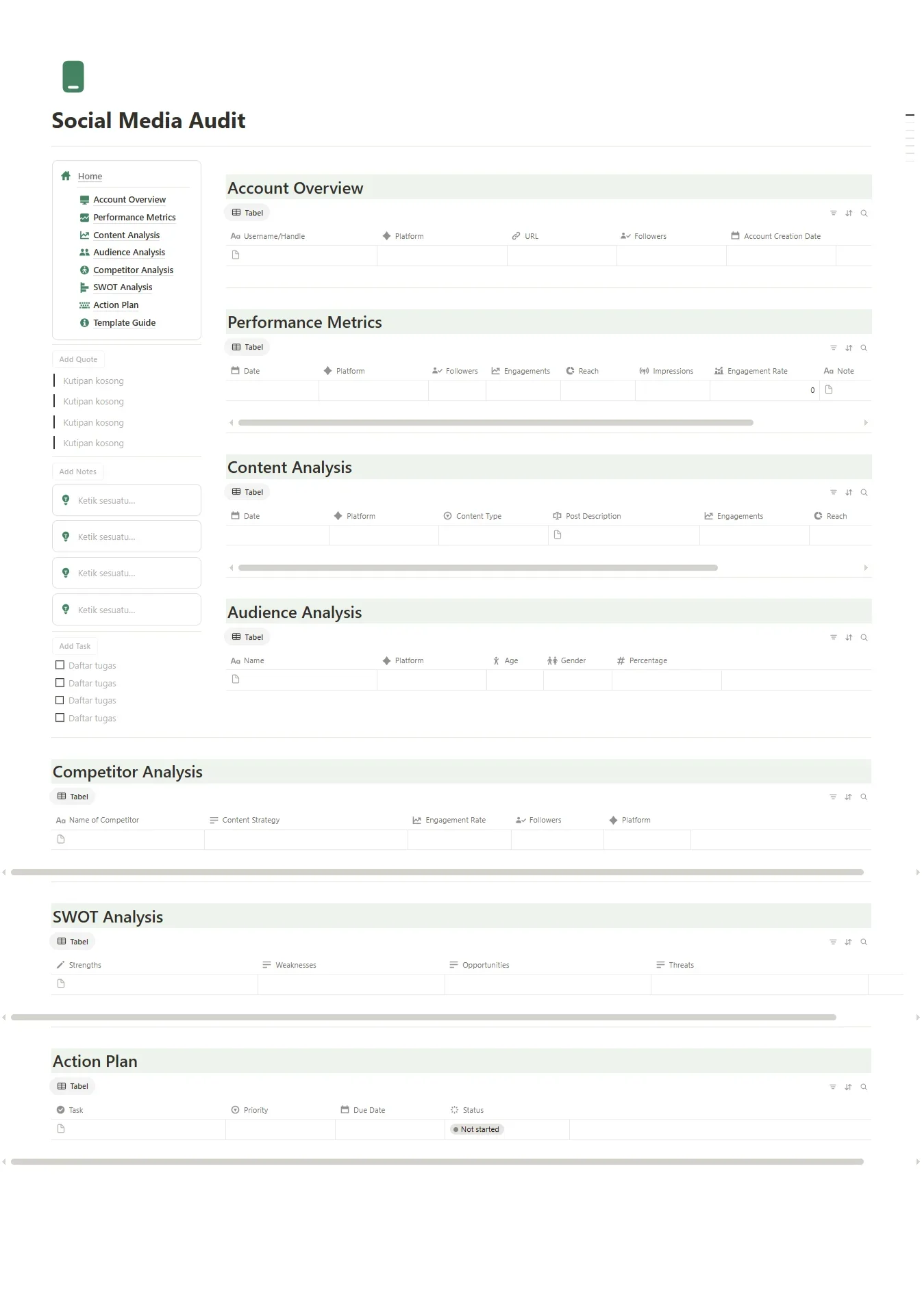 Notion Template - Social Media Audit - Digiloop Store