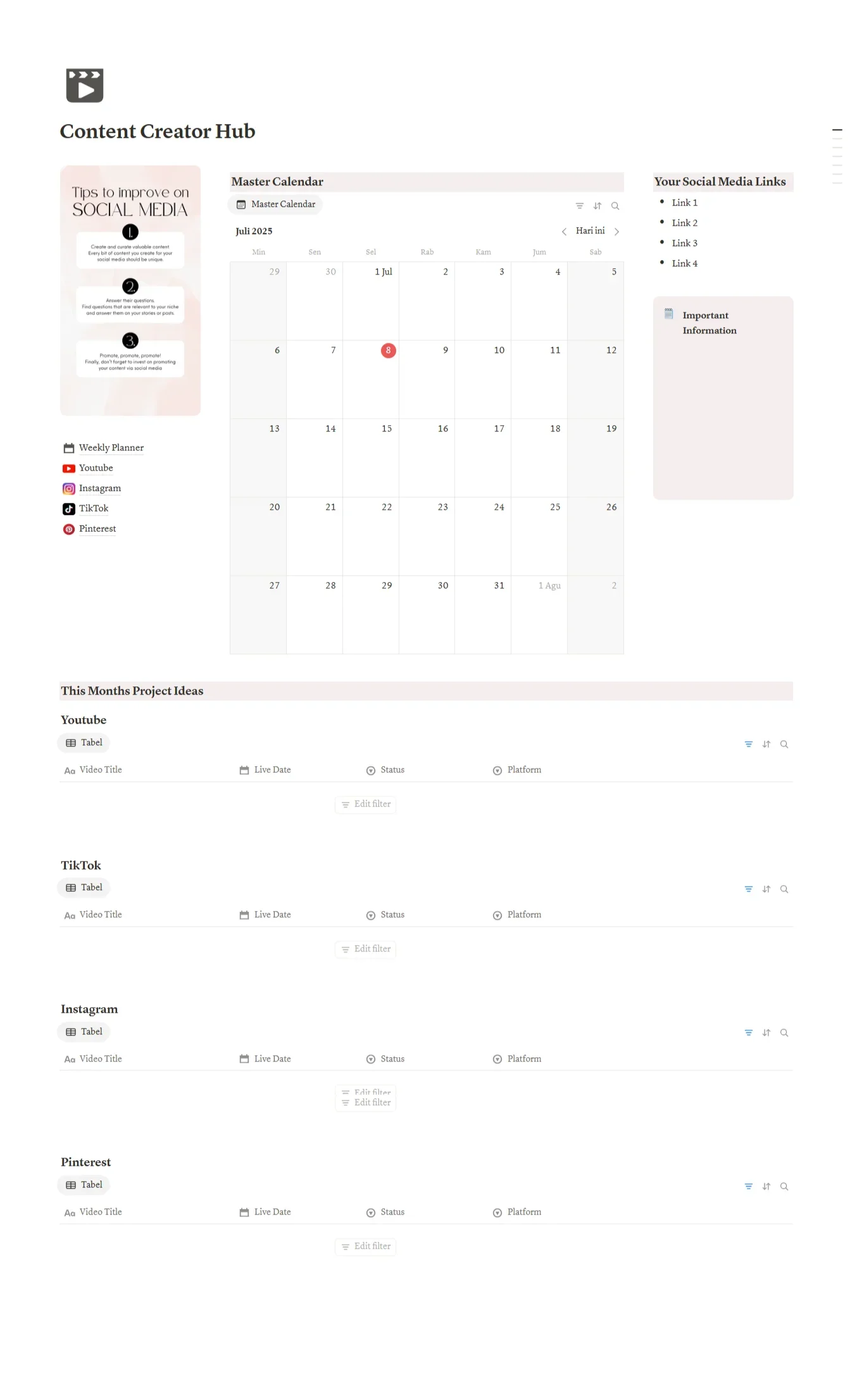 Notion Template - Content Creator Hub - Digiloop Store